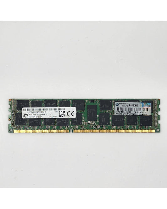Vista frontal del módulo de memoria DDR3 Micron de 16 GB (dual-rank x4, 14900 MT/s) para servidores HP.