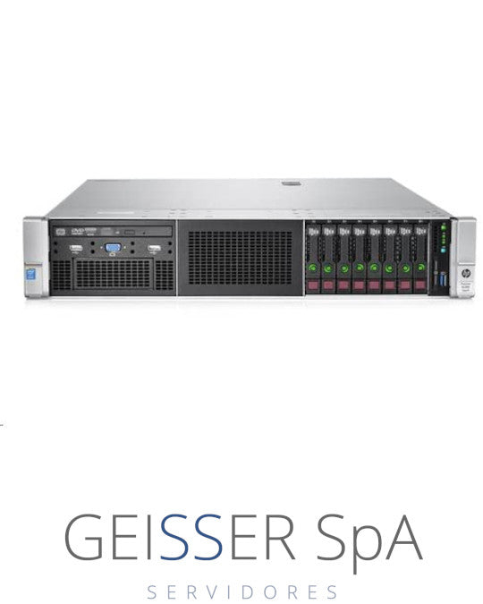 Imagen frontal del servidor HP DL380 G9 (2U) con 8 bahías SFF, mostrando su diseño compacto y panel de control.
